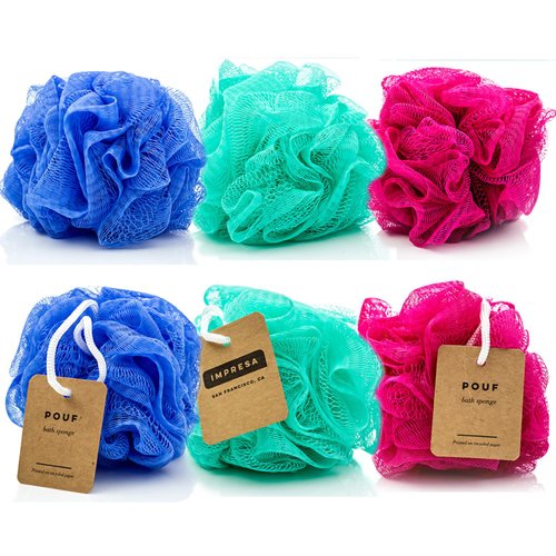IMPRESA 6-Pack Eco-Friendly Loofah/Loofa/Mesh Bath and Shower Sponge - Loufa/Luffa/Lufa/Poof/Pouf - Loofahs/Loofas for Men and Women - Bulk Body Puffs