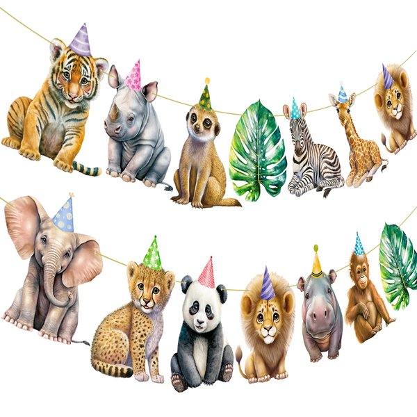 Safari Animal Banner 2Pcs Jungle Safari Party Cutout Banners Jungle Party Hanging Banners Safari Theme Birthday Party Decorations for Wild One Baby Shower Supplies