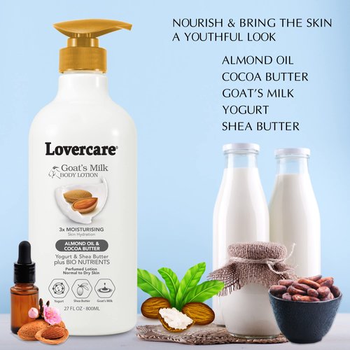 Lovercare Goat Milk Body Lotion for Dry Skin Almond Oil & Cocoa Butter 27.05oz (800ml) - Single…