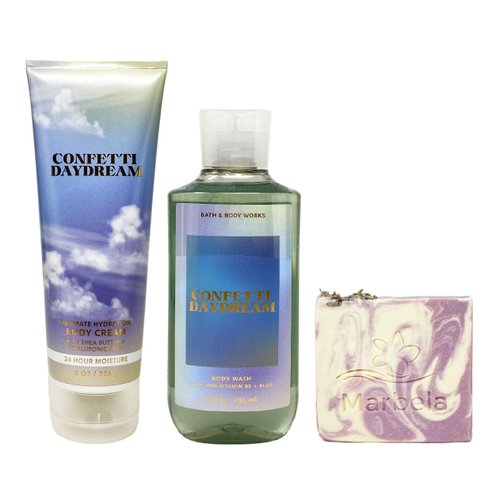 Bath & Body Works Confetti Daydream Body Cream and Body Wash Bundle with a Lavender Dream Bar Soap