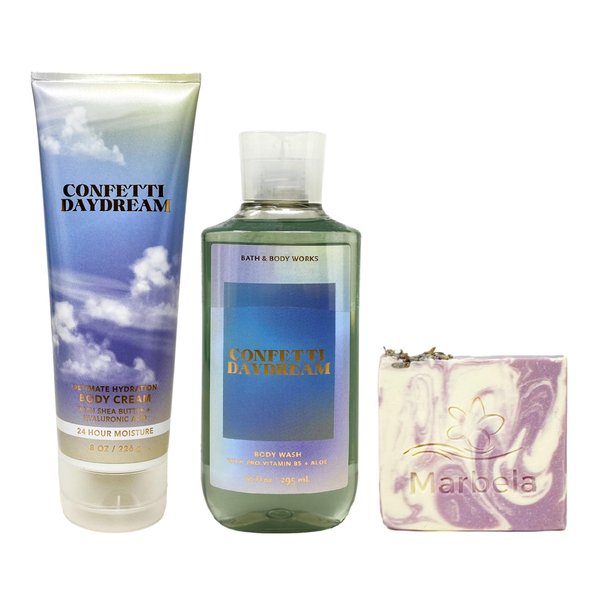Bath & Body Works Confetti Daydream Body Cream and Body Wash Bundle with a Lavender Dream Bar Soap