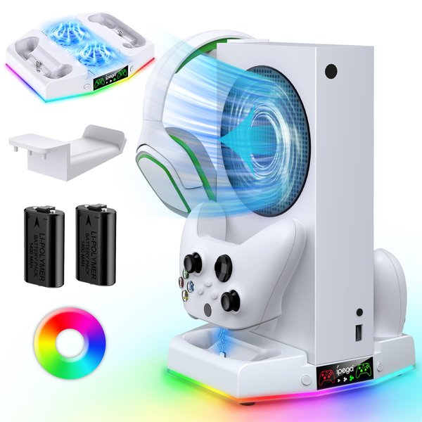 RGB Cooling Stand & Charging Station for Xbox Series S with RGB Light, MENEEA Cooler Fan & Fast Charger Accessories with 2 * 1400mAh Rechargeable Batteries, Headphone Hook [ NOT Xbox One S]