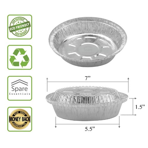 Spare Essentials 55 Pack - 7" Round Aluminum Pans with Lids - Aluminum Foil Pans with Clear Lids - Freezer & Oven Safe Round Foil Pans with Lids, Ideal for Baking, Takeout, Air Fryer, Disposable