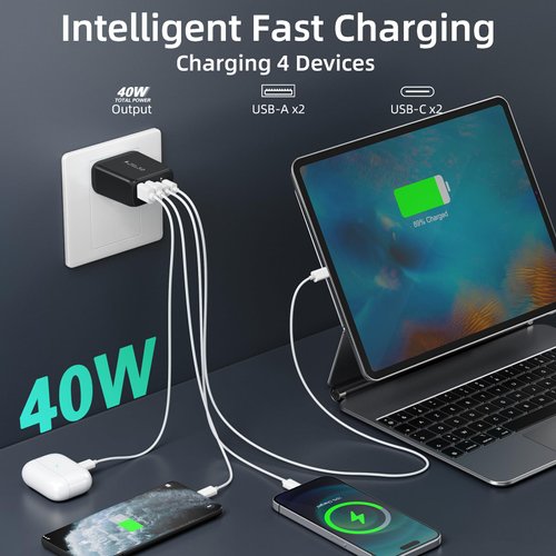 USB C Charger Block, 40W 4-Port Fast Charger USB C, Dual PD Power Adapter+Double QC USB Plug Multi Port Type C Charger Block for iPhone 15 14 13 12 11 Pro Max XS XR,iPad,Samsung[2Pack]