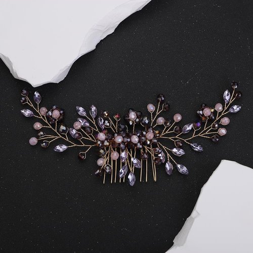 Denifery Rhinestone Wedding Headpieces Bridal Purple Crystal Hair Comb Hair Accessories for Bride Handmade Purple Hair Pieces for Women Girls