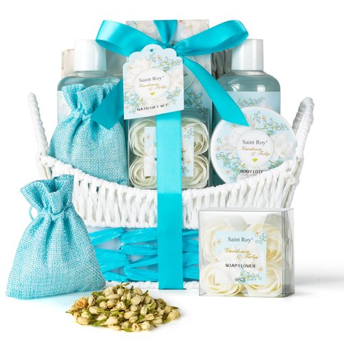 Spa Gift Baskets for Women, Gardenia & Tulip Home Spa Kit with Cosmetic Bag, Body Lotion. 8Pcs Bath and Body Gifts Set, Luxury Gift Basket for Birthday & Anniversaries