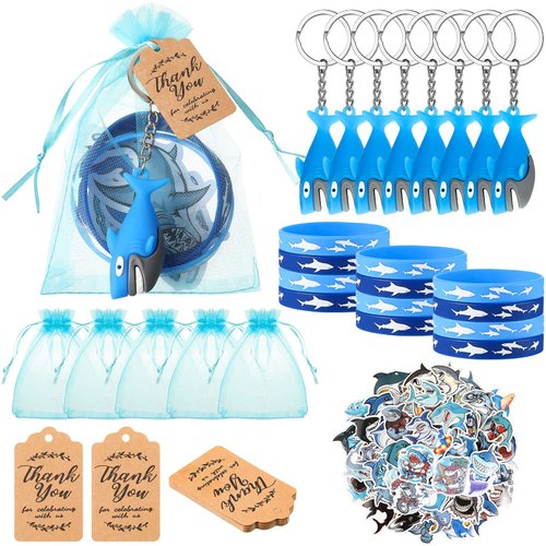 98 Pieces Shark Birthday Party Favors School Stuff Including Blue Rubber Wristbands Shark Keychain Key Ring Decoration Goodie Bags Shark Stickers Decal Thank You Tags for Shark Theme Party Supplies