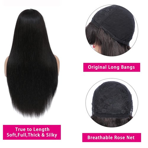 REMY HAIR Black Wig with Bangs 20 Inch Long Straight 100% Human Hair Wig Glueless None Lace Front Wigs Unprocessed Brazilian Virgin Hair Wig with Bangs Natural Color