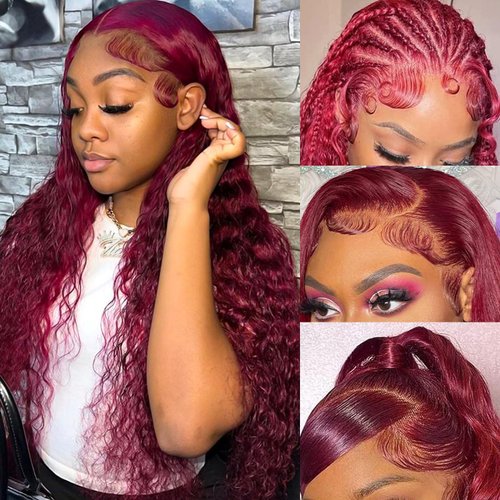 Gozebu 99j Burgundy Lace Front Wigs Human Hair Pre Plucked 13x4 Deep Wave Lace Front Wigs Human Hair Deep Curly Human Hair Lace Front Wigs 180% Density Glueless Wigs with Baby Hair (22 Inch)