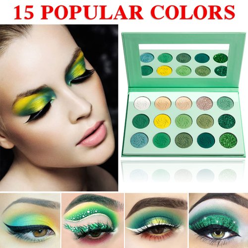 Green Eyeshadow Palette，QIUFSSE 15 Colors Eye Shadow Pallete Sets Highly Pigmented Matte Glitter Colorful Long Lasting Blendable Forest Emerald Green Yellow Makeup Pallet for Women Christmas Halloween