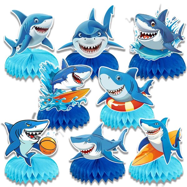 8Pcs Shark Birthday Party supplies set Honeycomb Centerpieces Double Sided Table Topper for Boy Shark Party Decorations (Shark)