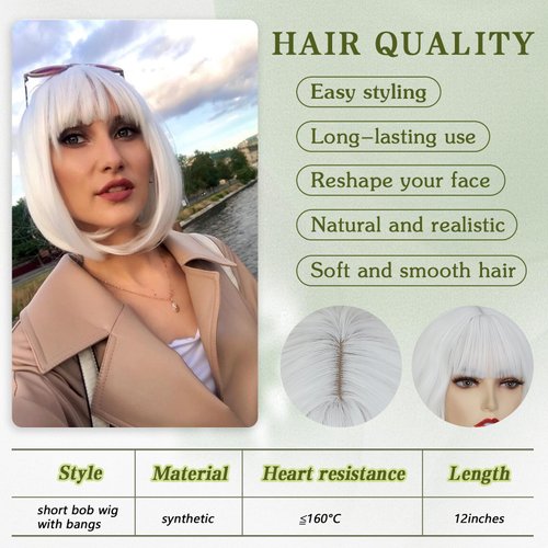 Angzon White Bob Wigs with Bangs Short Straight Bob Wigs For Women Shoulder Length Synthetic Bob Wigs For Halloween Daily Party Cosplay