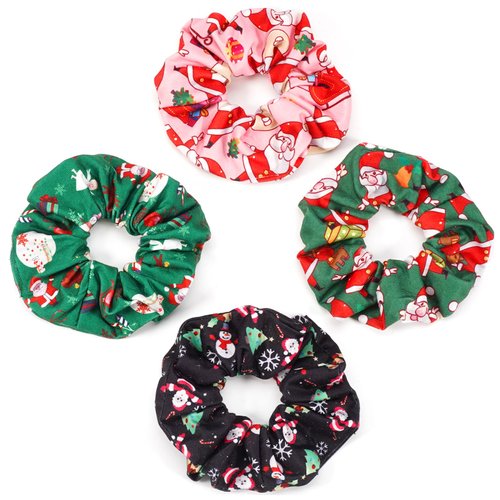 Christmas Hair Scrunchies for Women Cute Elastic Scrunchy Ponytail Holder Hair Ties Green Pink Santa Claus Snowman Bell Christmas Hat Snowflake Xmas Hair Accessories Christams Gifts 4PCS