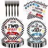 80pcs Race Car 2nd Birthday Party Plates, Two Fast Black and White Checkered Flag Plates Napkins Forks Tableware Kit for Baby Boys Racing Car Theme 2nd Birthday Party Supplies Decorations Favors