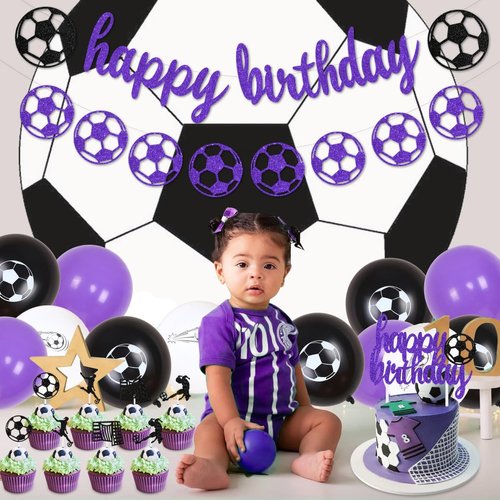 Sursurprise Soccer Birthday Party Decorations for Girls Purple Soccer Birthday Banner Garland Cake Topper Balloon for Sports Theme Birthday Party Supplies