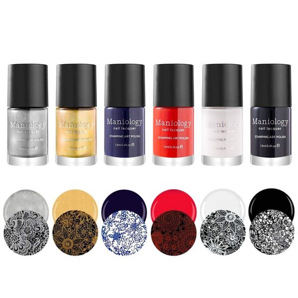 Maniology Essentials Primary Collection Creative Nail Art Stamping Polishes (So Metal, Heart of Gold, Midnight Madness, Fireside, BAM! White, Straight Up Black, Set of 6)
