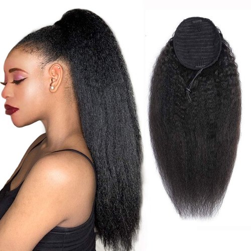 Ponytail Extension Human Hair Afro Kinky Straight Ponytail for Black Women Yaki Human Hair Natural Black Color Brazilian Virgin Human Hair Drawstring Ponytail Remy Hair Extensions(24 Inches)