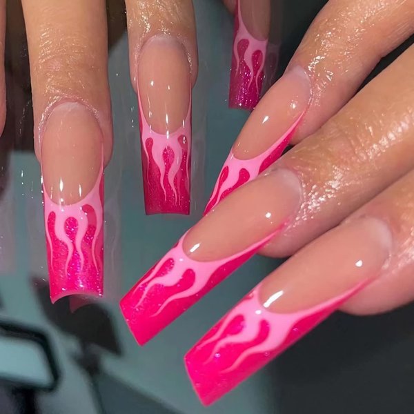 BABALAL Long Press on Nails Coffin Fake Nails Pink Glue on Nails Acrylic Nails Ballerina Glitter Flame Design Stick on Nails for Women and Girls 24Pcs