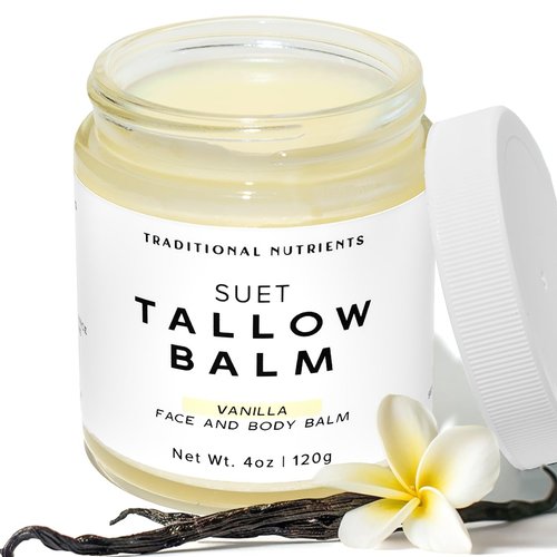 TRADITIONAL NUTRIENTS Suet Beef Tallow + Raw Honey Balm for Skin with Vanilla Essential Oil, Natural Grass Fed Tallow Moisturizer for Face and Body (4 Ounce)