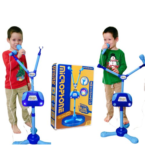 Kids Karaoke Machine with 2 Microphones Adjustable Height Wire Bluetooh Mic Music Sing Along with Flashing Lights Musical Effects Cell Phone Holder Kids Microphone with Stand Fun Kids Toy (Blue)
