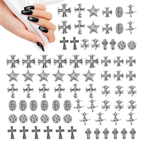 Cross Nail Art Charms 3D Vintage Silver Metal Chrome Punk Gothic Crosses Stars Mixed Styles Nail Charms for Acrylic Nails DIY Nail Art Decorations Nail Charms