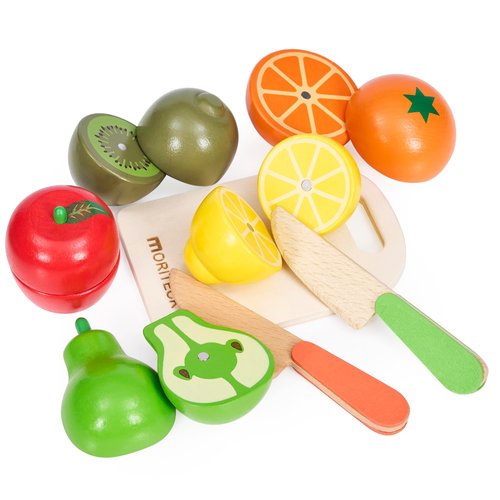 MORITECK Wooden Play Food Sets for Kids Kitchen Accessories, Realistic Wood Cutting Fruits Toys for 3- Year Old Toddlers, Mini Pretend Play Fake Fruit Birthday Gifts for 3 -6 Years Girls Boys