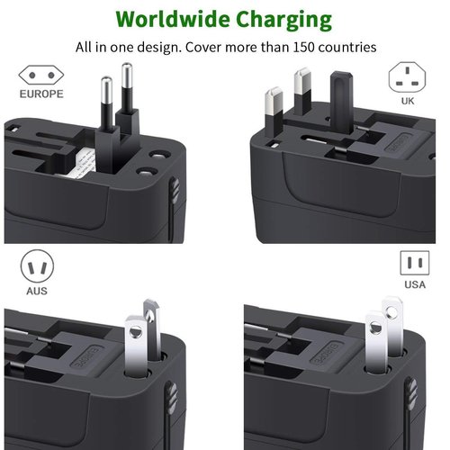 Travel Adapter, Worldwide All in One Universal Travel Adaptor Wall AC Power Plug Adapter Wall Charger with Dual USB Charging Ports for USA EU UK AUS Cell Phone Laptop Black