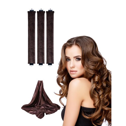 No Heat Curling Rod with Scarf, Velvet Hair Curlers to Sleep in Overnight Curls with Hook Blowout Rods Headband with Silk Scarf Curl Styling Kit for Long Medium Short Hair (3 coffee+Scarf, count)