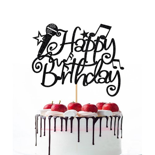 Naicaek Black Glitter Microphone Happy Birthday Cake Topper，Music Lover Birthday Decorations,Karaoke Musical Theme Birthday Party Supplies for Boys Girls (Black)