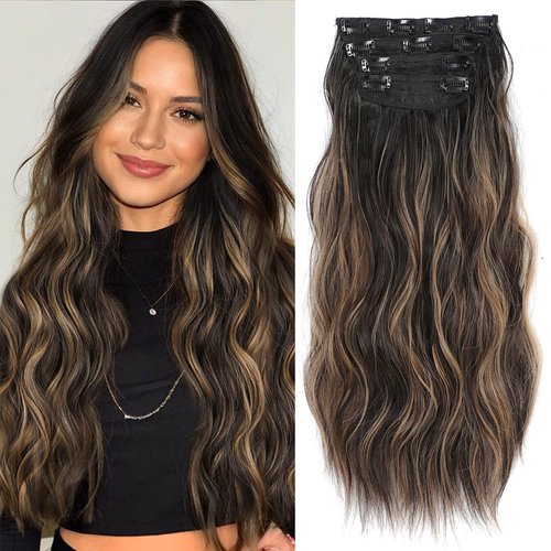 Dorsanee Clip in Hair Extensions Natural Black to Caramel Blonde Highlights Hair Extensions 20 In...