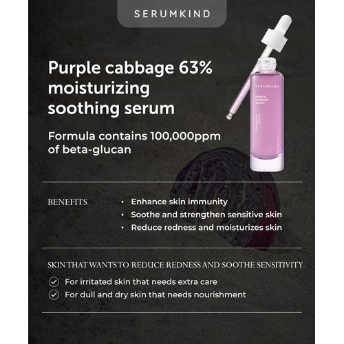 Purple Cabbage Serum - Calming and Skin Recovery Face Serum – Purple Cabbage Extract - Beta Glucan 100,000ppm – Redness Relief - Vegan, Cruelty Free – 1.01 fl.oz.