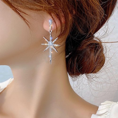 Sttiafay Vintage Crystal Northstar Dangle Earrings Rhinestone Northstar Studs Earrings Silver Cz Star Drop Earrings Sparkly Cz Starburst Earrings Jewelry for Women