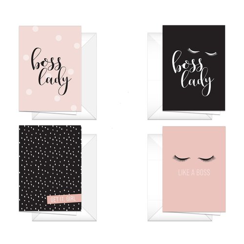 Boss Lady Note Cards / 24 Greeting Cards / 4 Pink And Black Designs / 3 1/2" x 4 7/8" Pink Female Empowerment Card Set