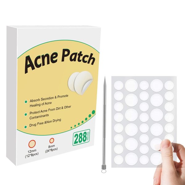 WQJifv Acne Patch Pimple Patch, 2 Size 288 Patches Acne Absorbing Cover Patch with Acne Needle, Hydrocolloid Invisible Acne Patches For Face Zit Patch Acne, Acne Spot Healing Patch Zit Patches