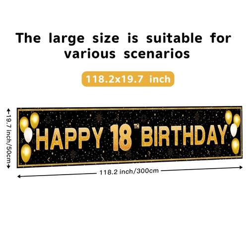 ANATANOWOR 18th Birthday Decorations for Boys and Girls, Black and Gold Happy 18th Birthday Decorations Banner, 18 Years Old Bday Party Supplies (118" X 20")