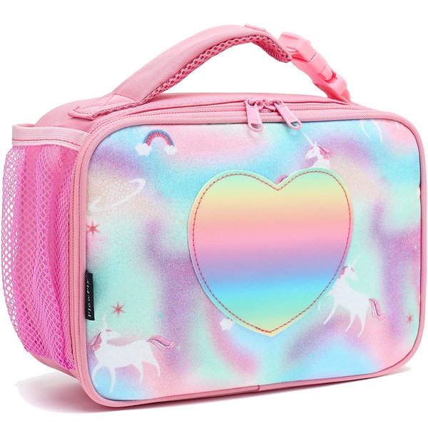 FlowFly Kids Lunch box Insulated Soft Bag Mini Cooler Back to School Thermal Meal Tote Kit for Girls, Boys, Glitter-Unicorn