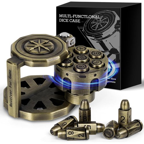 Metal Dice Set for DND with Spinning Revolver Shaped Dice Holder, Polyhedral Bullet Dice Set of 7, Gift for Dungeons and Dragons, Monster Hunters, Sci-Fi, War, RPG MTG Table Games Players (Bronze)