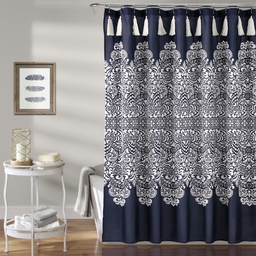 Lush Decor, 72" x 72", Navy Boho Medallion Shower Curtain-Fabric Bohemian Damask Print Design with Tassels