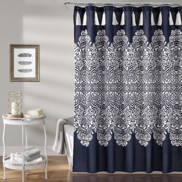 Lush Decor, 72" x 72", Navy Boho Medallion Shower Curtain-Fabric Bohemian Damask Print Design with Tassels