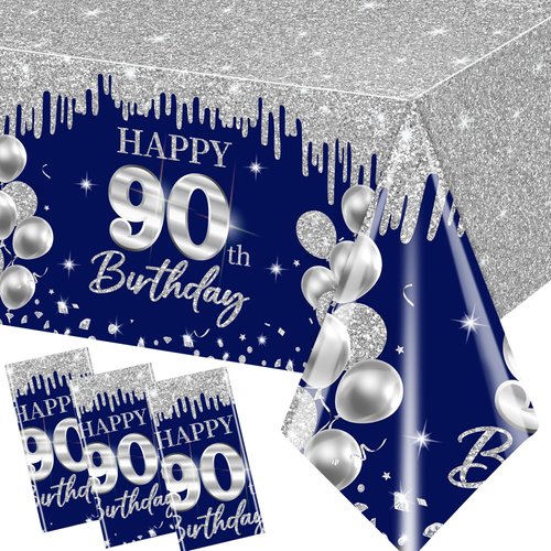 Guzbewu 90th Birthday Party Supplies for Men,3pcs Sliver Blue 90th Birthday Tablecloth Rectangle Happy 90th Birthday Table Cloth for Blue 90th Birthday Decorations