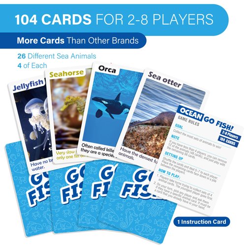 BenBen Go Fish Card Game for Kids, 104 Cards, Ocean Theme Memory Matching Game, Sea Animals Learning Playing Cards, Picture Cards with Real Photos, Fun Facts, 2-8 Players