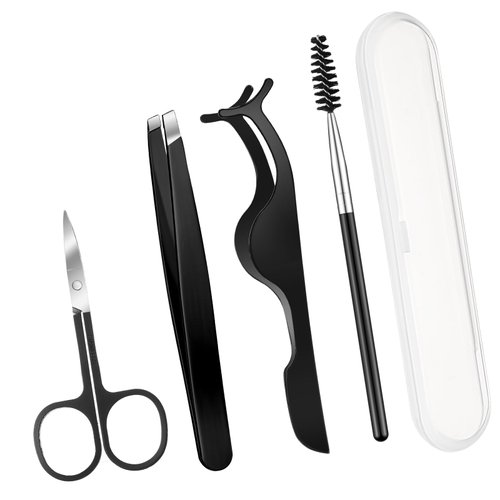 Lasnten DIY Eyelash Applicator Tool Set, Lash Tweezers for Eyelash Extensions, Stainless Steel False Eyelash Scissors, Lash Cluster Tweezer, Eyebrow Curler, Lash Brush with Box(Black)