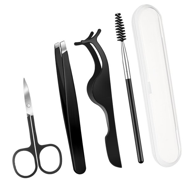 Lasnten DIY Eyelash Applicator Tool Set, Lash Tweezers for Eyelash Extensions, Stainless Steel False Eyelash Scissors, Lash Cluster Tweezer, Eyebrow Curler, Lash Brush with Box(Black)