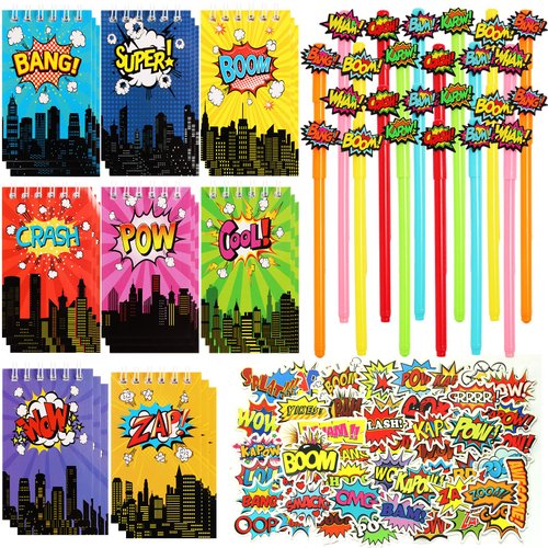 LiYiQ 148 Pcs Hero Party Favors Bulk Hero Mini Spiral Notepads Hero Pens Stickers Set for Hero Birthday Party Classroom School Reward Gift Prizes Goodie Bags Stuffers