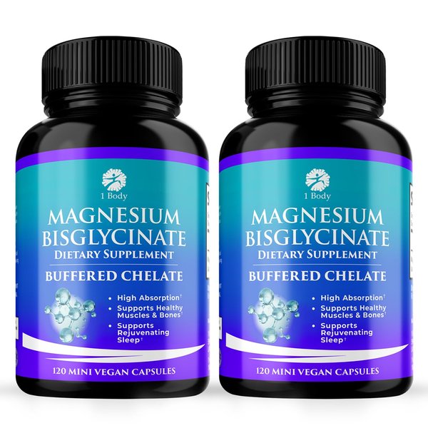 1 Body Magnesium Bisglycinate - 100% Chelated - Maximum Absorption & No-Laxative Effects Magnesium Supplements - Reduce Muscle Cramps and Improve Sleep - 44 mg, 120 Capsules