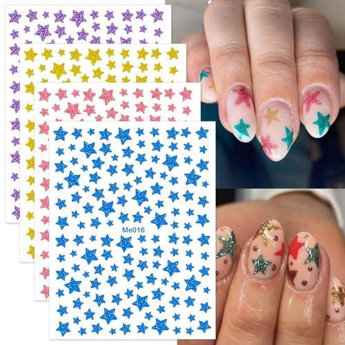 10 Sheets Shiny Star Nail Stickers 3D Self Adhesive DIY Glitter Nail Art Stickers Colorful Stars Nail Decals Glitter Stars Nail Design Stickers for Women Acrylic Nail Art Foil Manicure Decorations