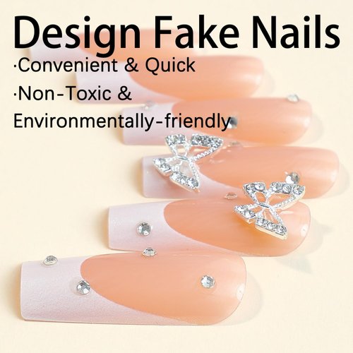 White French Tip Press on Nails Long Square Fake Nails Full Cover Nude with Butterfly Charm False Nails with Rhinestones Design Nails Reusable Artificail Nails Acrylic Glue on Nails for Women