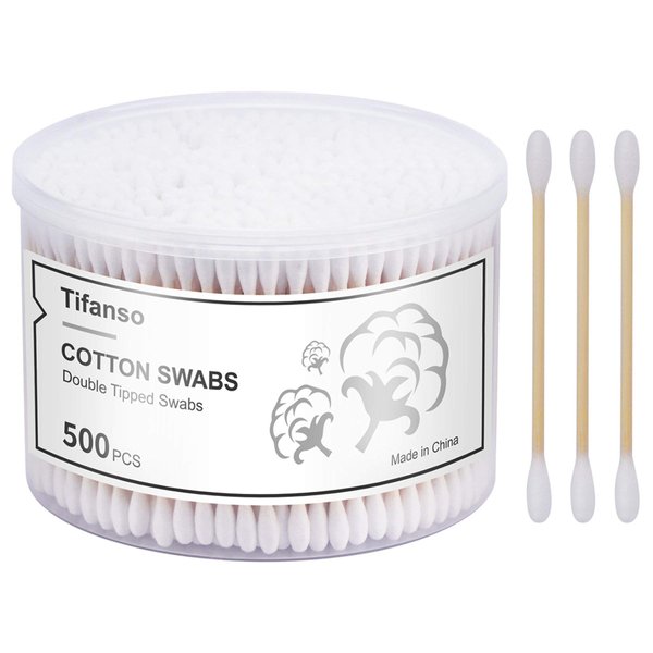 tifanso 500 Count Cotton Swabs, Natural Double Round Cotton Tip Cotton Buds with Strong Wooden Sticks for Ears, Cruelty-Free Ear Swabs, Wooden Cotton Sticks with Storage Box