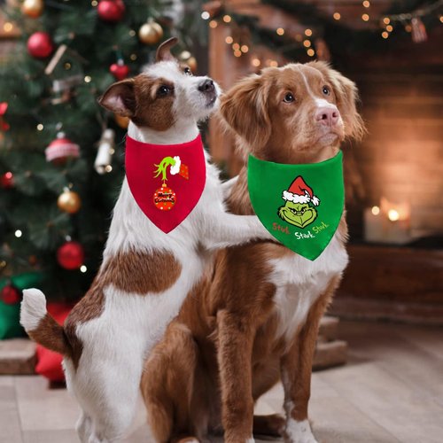 Christmas Dog Bandanas, 2 Pack Grinchs Bandanas for Dog Costume, Reversible Grinchmas Dog Bandana Holiday Dog Scarf Pet Collar for Small Medium Dogs Cats