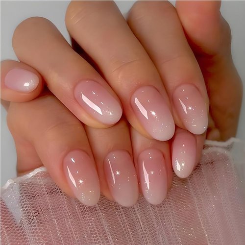 Almond Press on Nails Short Round Fake Nails White Ombre False Nails with Almond Shape Press on Nails Designs Acrylic Nails Press on Artificial Nails Stick on Nails For Women Girls 24Pcs